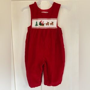 Vintage Red Christmas Corduroy Smocked Romper Overall Longall 24M